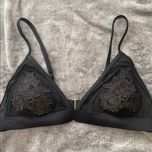 Black Mesh Bikini Top with Embroidered Flowers